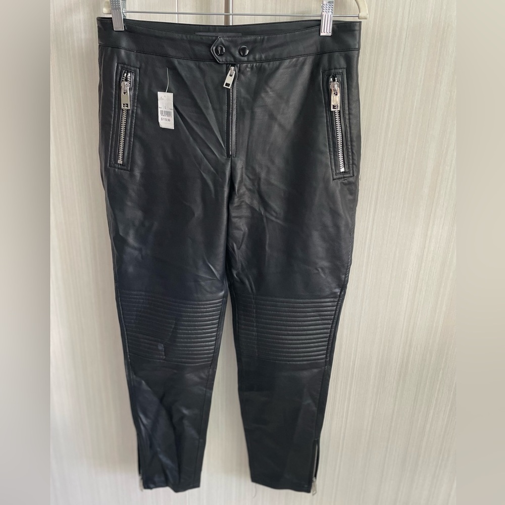 Mango vegan‎ leather black pants details on knee w/ silver hardware size Lg NWT